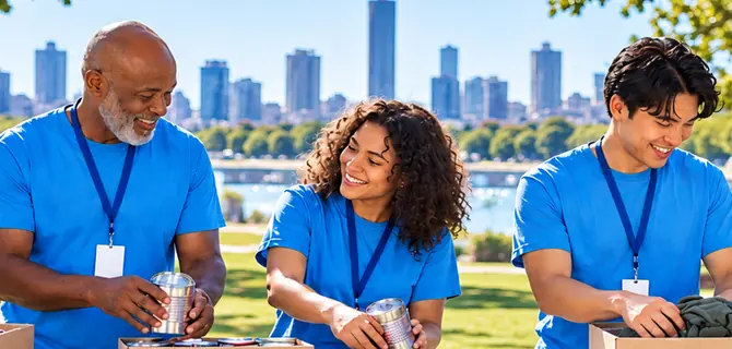 Volunteers in blue T-shirts sorting donations in a city park